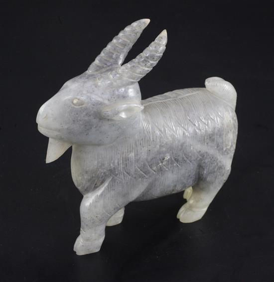 A Chinese grey jade figure of a standing ram, 18th / 19th century, length 11cm, wood stand